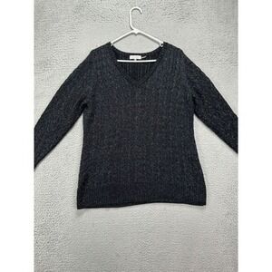 Calvin Klein Sweater Womens 1X Plus Black Wool Blend Metallic V-Neck Cable Knit